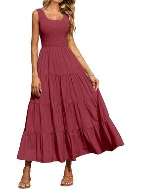 Women Dress Maxi Paste Red Polyester Scoop Neck Short Vacation Casual Summer